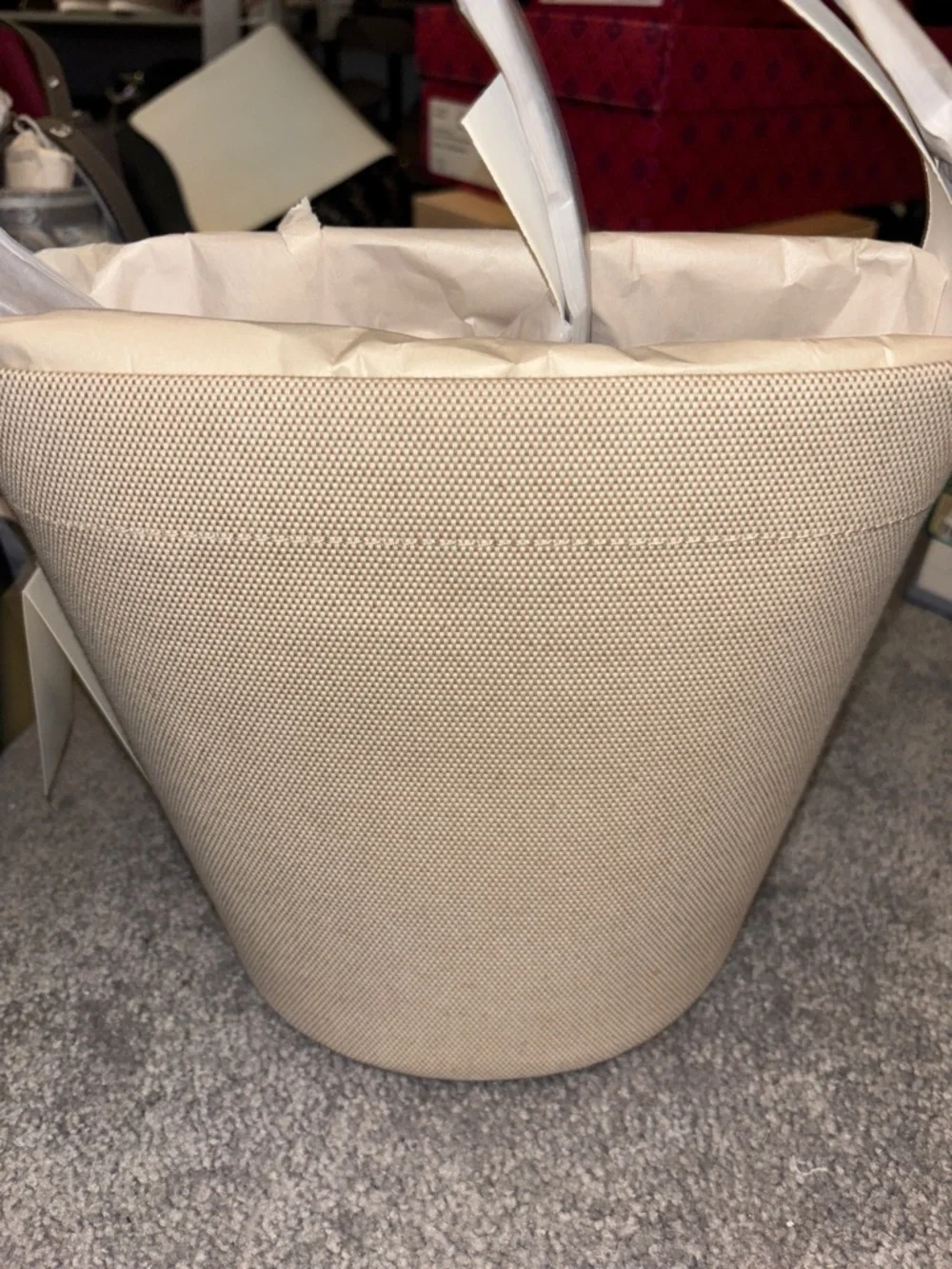 Tory Burch Cream Canvas Bucket Tote with Logo Medallion